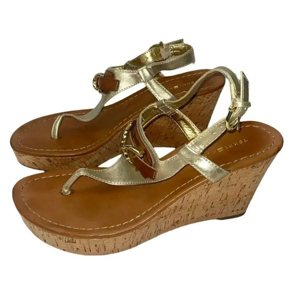 Tommy Hilfiger Wedge Sandals 8M Gold Cork Platform Thong Slingback Buckle